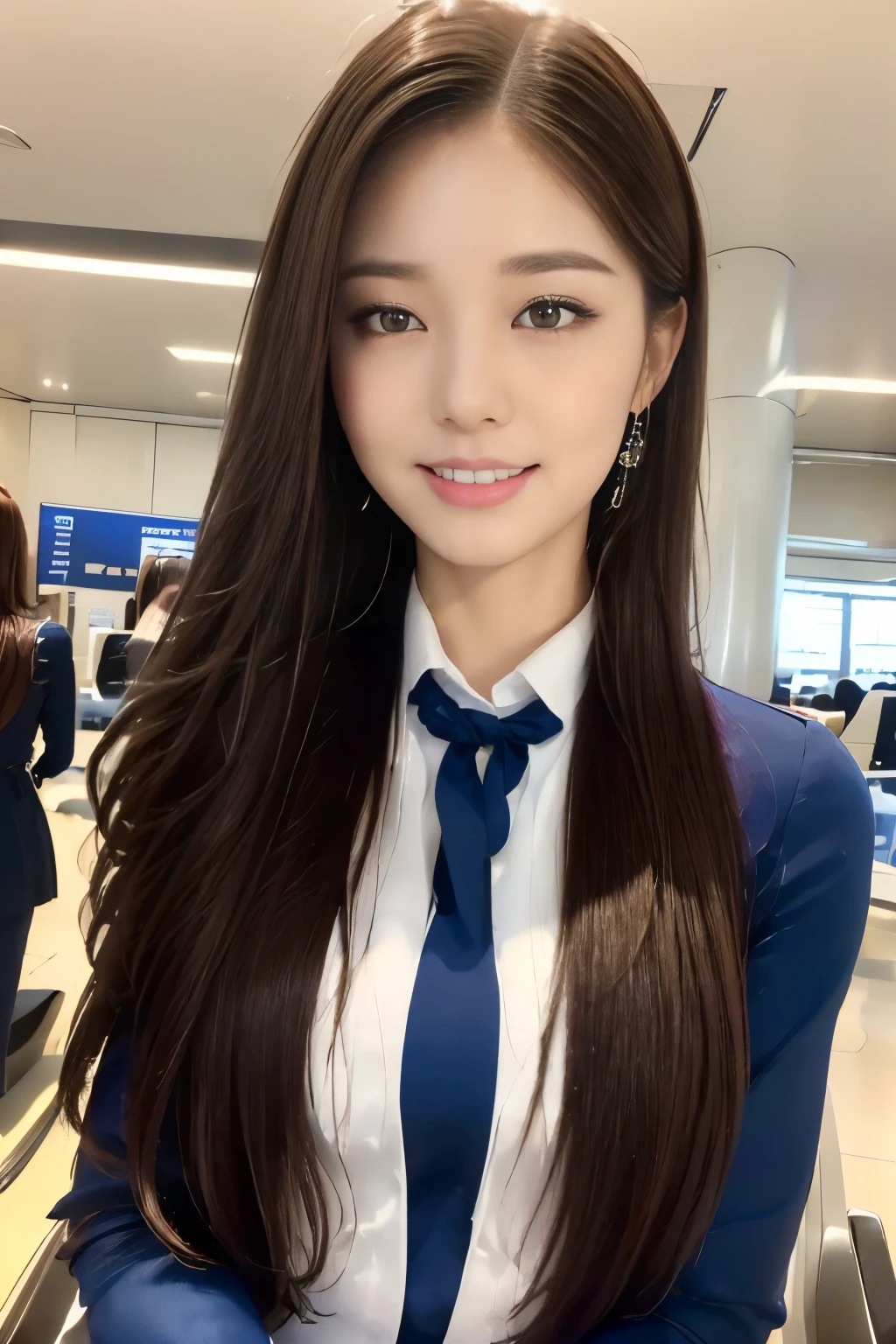 ((Highest quality, 8k, masterpiece: 1.3)), concentrated: 1.2, Perfect beauty: 1.6, Astock: 1.3, ((Straight Hairstyles), (Flight attendant uniform: 1.1), (evening, Airport lobby), Highly detailed face and skin texture, Narrow eyes, double eyelid, Whitening skin, Long Hair, (shut up: 1.3), smile, Working