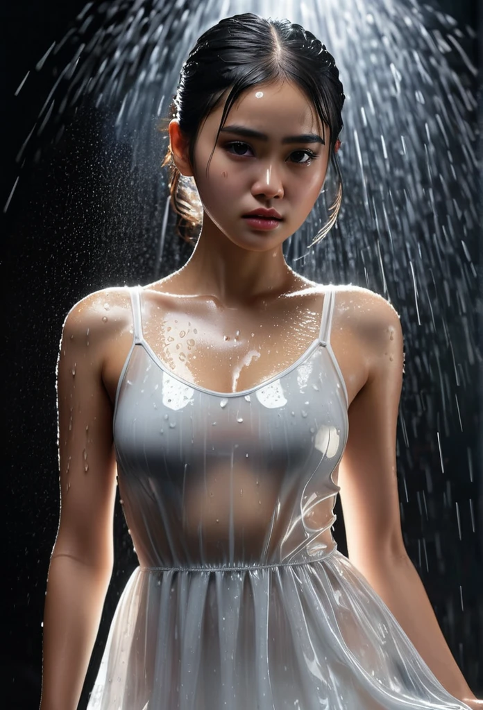 an Indonesian girl, 17 years old, hyperrealistic wet body, hyperrealistic rain, hyperrealistic wet dress, with a beautiful face, hyperrealistic beautiful breast, hyperrealistic huge breast, hyperrealistic wearing a wet white clear ballet dress, her face showing a sullen, angry facial expression, twintail hair, fine black hair, arms crossed, black background with glare, light smoke filling the room, The bright, hyperrealistic real Ultra HD, masterpiece,vibrant colors,stunning visuals,ultra skin texsture,stable diffusion,perfect anatomy,crazy details,realistic lighting,incredibly absurdres, hyperrealistic anatomy, hyperrealistic body, perfect anatomy, hyperrealistic hot body