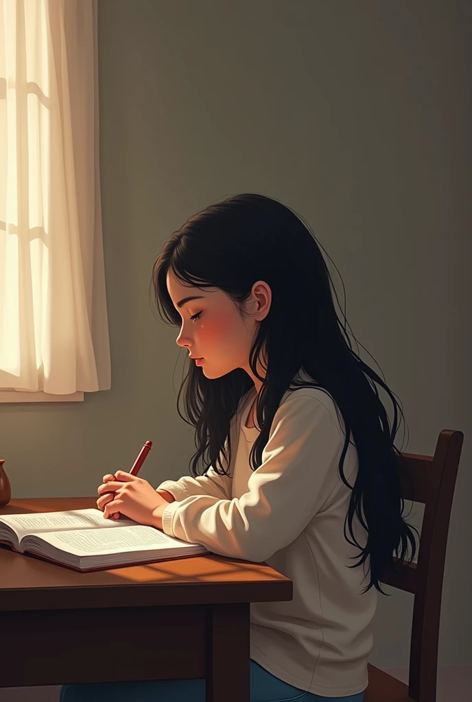 Create an illustration of a white teenage girl with a round face and long, wavy black hair doing her devotions at her desk with Jesus by her side