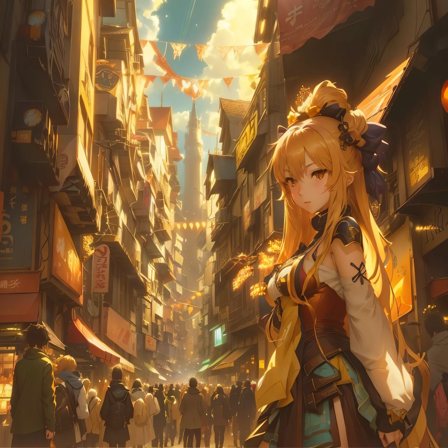 Anime girl in a crowded city, Gwaiz, artwork in the style of Gwaiz, Anime fantasy artwork, Epic light novel art cover, Gwaiz on pixiv artstation, A bustling magical town, 2. 5 d cgi Anime fantasy artwork, Anime fantasy illustration, anime art wallpaper 4k, anime art wallpaper 4k