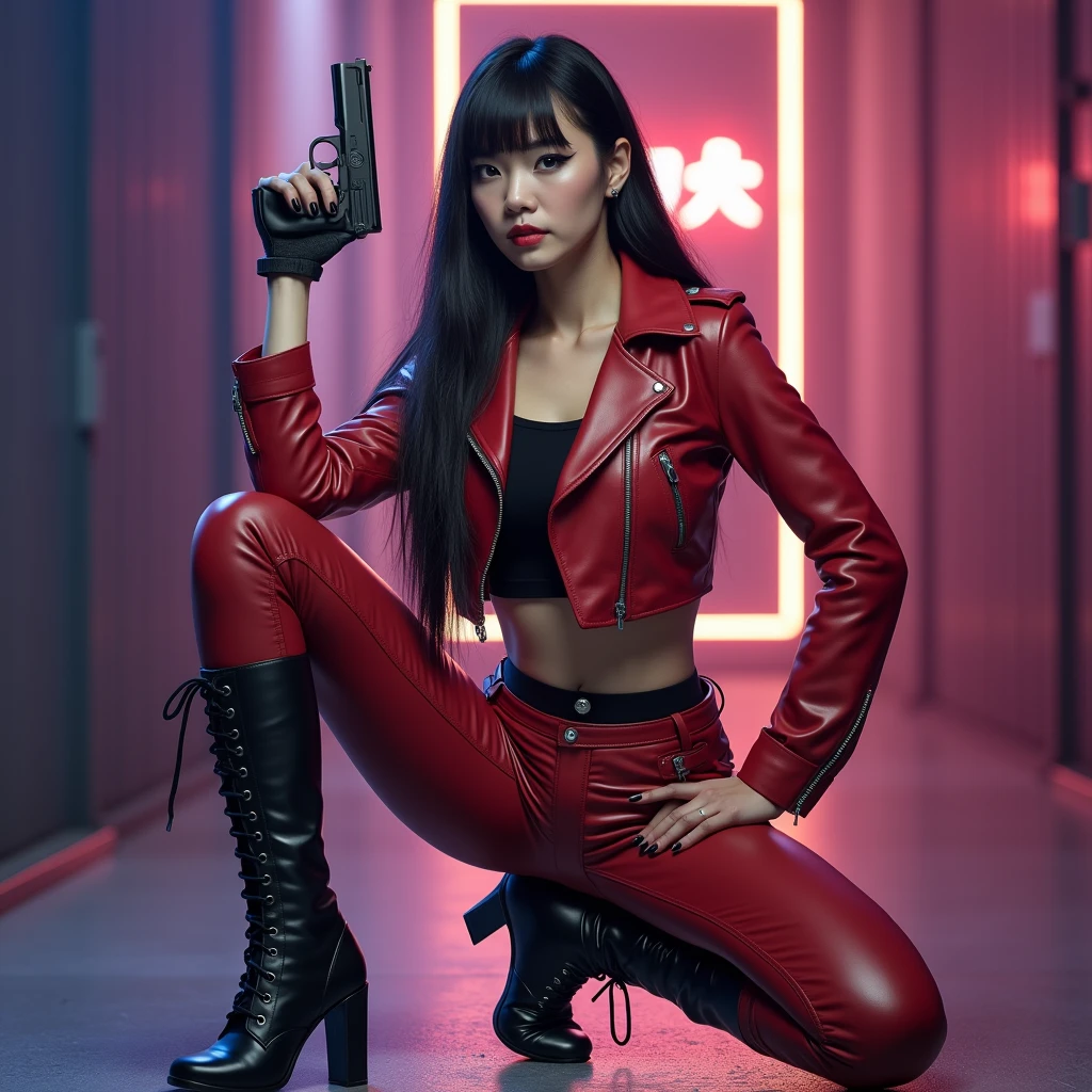 /imagine a realistic photo of a Korean secret agent, a beautiful Brazilian woman with Asian features, in her 30s, ((long, straight black hair with bangs)), she wears red leather clothes, a short red leather jacket, underneath a black crop top, tight red leather pants, women's tactical boots with heels, she uses black eyeliner to accentuate her eyes, she has very slanted, Asian-type eyes, she must be holding a pistol in one hand, she is standing in an action pose, ((she has a cold, serious and threatening look)), ((she has a well-defined body, body with beautiful curves, thin waist, thick thighs and round butt))