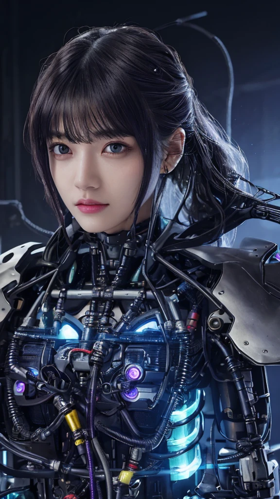 1 Mechanical Girl、((super realistic details))、portlate、globalillumination、Shadow、octan render、8K、ultrasharp、metals、Details of complex ornaments、cold color、Gothloli details、highly intricate detail、Realistic light、CGSoation Trends、a purple eye、radiant eyes、Facing the camera、neon details、Mechanical limbs、blood vessels connected to tubes、Mechanical vertebrae attached to the back、mechanical cervical attaching to neck、sitting on、Wires and cables connecting to the head、The background is a cyberpunk space、