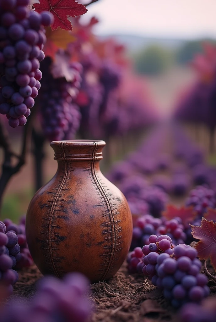 A landscape-type photo with a close-up of an old animal skin wineskin and a blurred background of purple grapes, apply a subtle layer of purple tint to the image