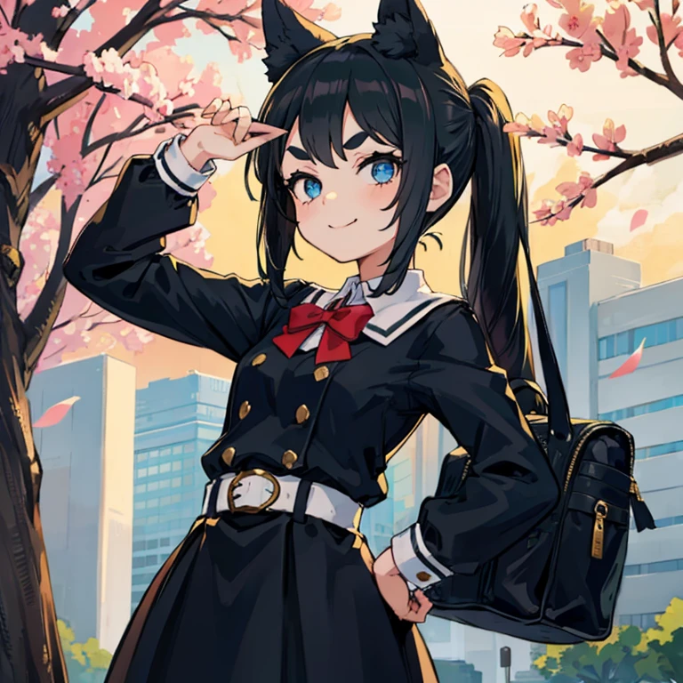 Young girl with black hair, long twintail, twintail hairstyle, (blue eyes), ((small bushy eyebrows)), (wolf ears up), wearing gothic ta, loliclothes, going to school, dull eyes, dull face, going to school, flirtatious smile, small and perky breasts, in a park, wide hips,