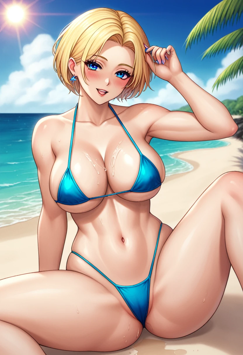 A masterpiece of sun-kissed beauty: a stunning blonde-haired goddess sits on the beach, her delicate features radiant in warm light. Her large, curvy breasts spill out of a tiny micro bikini as she spreads her legs wide, showcasing her perfect physique. Her short hair is tousled by the sea breeze, and her bright blue eyes are framed by luscious lashes and a hint of blush on her cheeks. A gentle wave crashes in the background, adding to the serene atmosphere.