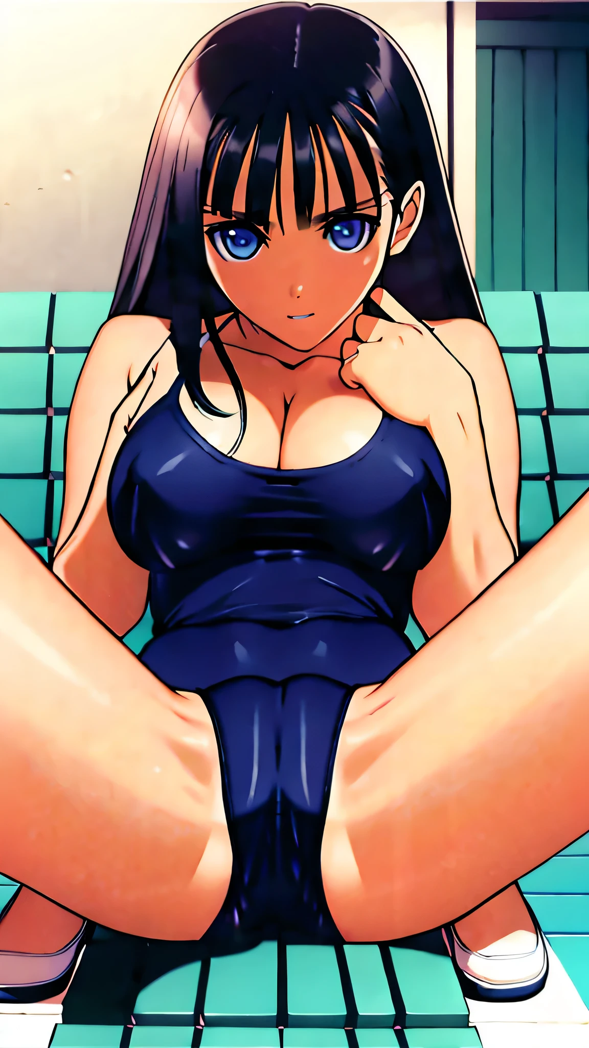 nsfw,((Masterpiece)),((Draw in beautiful detail)),1Girl,Mizushima Morning,Blue Eyes,Black Hair,Big Breasts,Embarrassed expression,blush,Open your mouth,sit,Spread your legs,Peeing in a school swimsuit,Peeing,bedroom