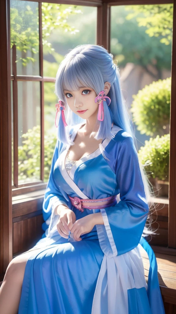 Arad woman in a blue dress,Stand by the windowsill, 可爱的Anime Girl, 8k high quality detailed art, Barbie Doll, Extremely detailed Artgerm, Anime Girl, Flowing Magic Robe, Beautiful and attractive anime woman, garden
