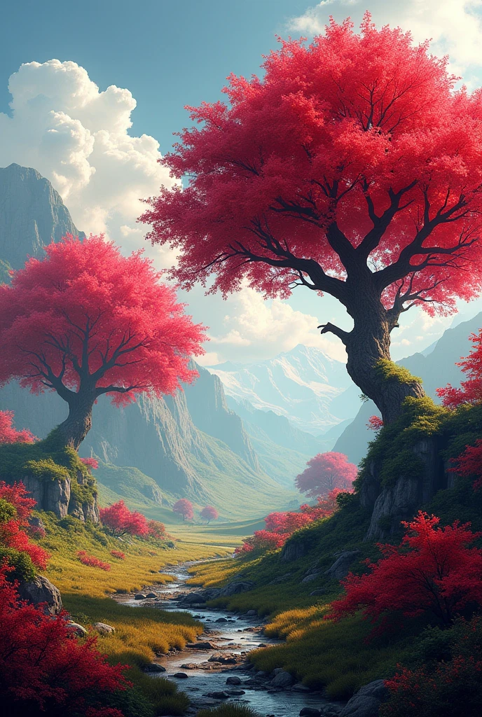 Create a beautiful landscape with red trees 