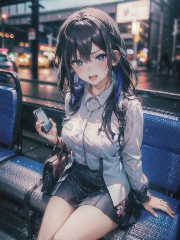 ((Highest quality)), ((masterpiece)), (detailed), One Girl,(Knee-length),Private Server,Big Breasts,(Short skirt),(White shirt),(Open Chest Button),22-year-old woman,(Naughty look),((Excited expression)),Browsing Caution,nswf Japanese,(attractive appearance),atmosphere,Remote control rotor,pink remote control,blush,Watery eye,night,train,(trainの中で立ってる女の子),(Gaze seducing a man),