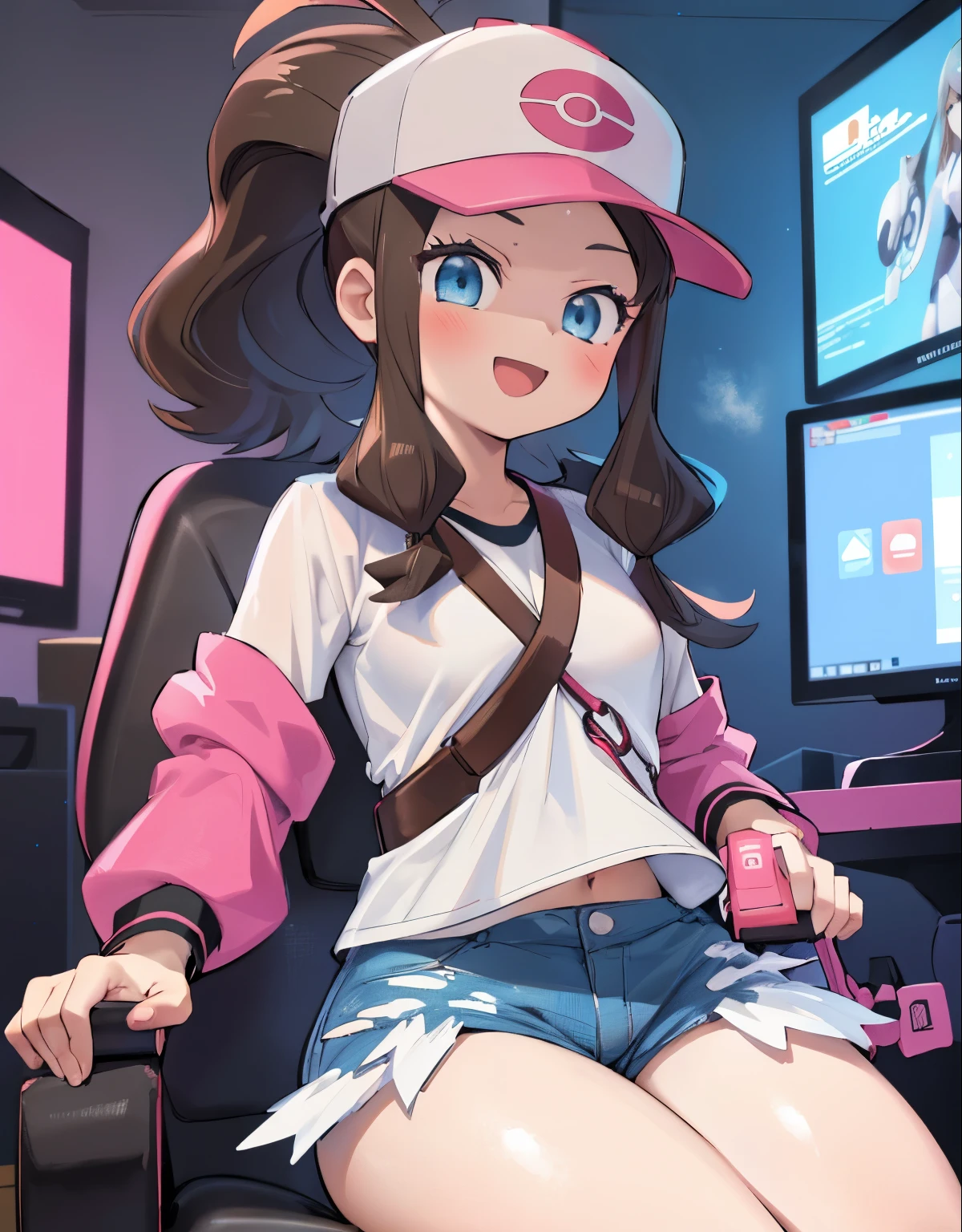  detailed eyes, beautiful eyes, perfect anime style eyes, best quality, 4k, 8k, highres, masterpiece:1.2, ultra-detailed, realistic, Photorealistic, photo-realistic:1.37, HdR, UHD, Studio lighting, ultra-fine painting, Sharp focus, physically-based rendering, extreme detail description, professional, vivid colors, bokeh, anime, artwork, def1, body shape, chubby thighs, thick thighs, open mouth, smile, ultra-detailed description, capturing every exquisite detail of her appearance. Her eyes are mesmerizing, with long curled lashes, glistening in the light. Her lips are perfectly shaped, with a subtle hint of a smile. radiating, A young gamer sits in a gaming chair, immersed in a streaming session on Twitch from the comfort of her otaku room.

[Character description]
The girl, with a concentrated and excited face, He wears casual clothes but with a geeky touch, reflecting his style and passion for video games and pop culture.

[environment/Background]
The room, decorated with posters, action figures and other elements characteristic of the otaku aesthetic, provides a cozy and personal environment for your streaming activity.

[Style and Atmosphere]
The scene conveys a relaxed and passionate atmosphere., where the gamer feels comfortable and in her element, enjoying his favorite hobby while interacting with his online audience.

[composition]
The young woman is sitting in front of a state-of-the-art gaming computer, with multiple screens and a microphone, ready to provide a quality streaming experience to your followers.

[Details and Embellishments]
Elements like RGB lights, Personalized stickers and decorations in the room and equipment reflect the unique style and personality of the gamer, creating a vibrant and distinctive atmosphere.

[Technical specifications]
The scene is characterized by warm lighting and a bright color palette., with high-quality lighting effects and graphics that highlight the quality of the equipment and the professionalism of the broadcast.