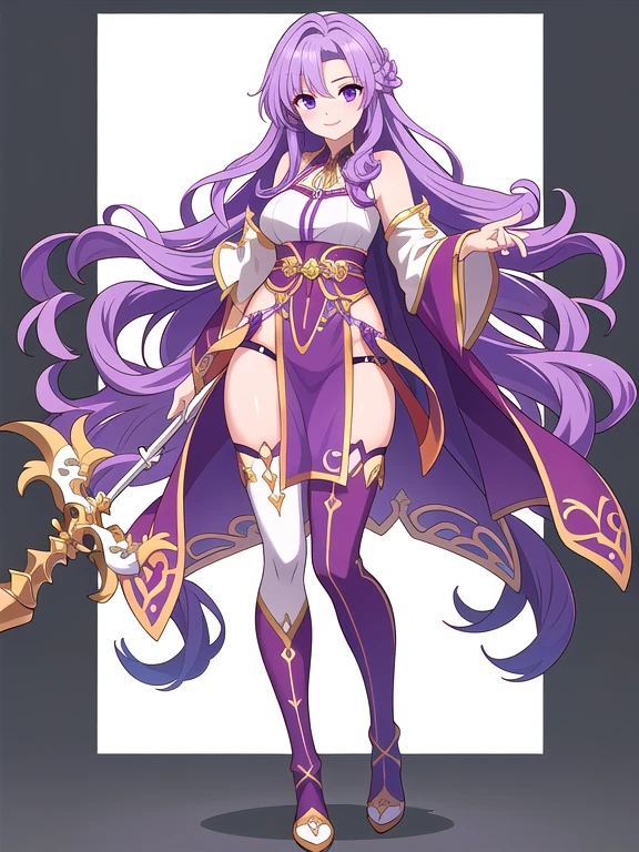 (((Best Quality))) , ((full body)), loin cloth,  female, reference sheet, solo, (white background),  thigh high, purple hair, very long hair, fantasy outfit, holding staff, tareme, wavy hair, smile,