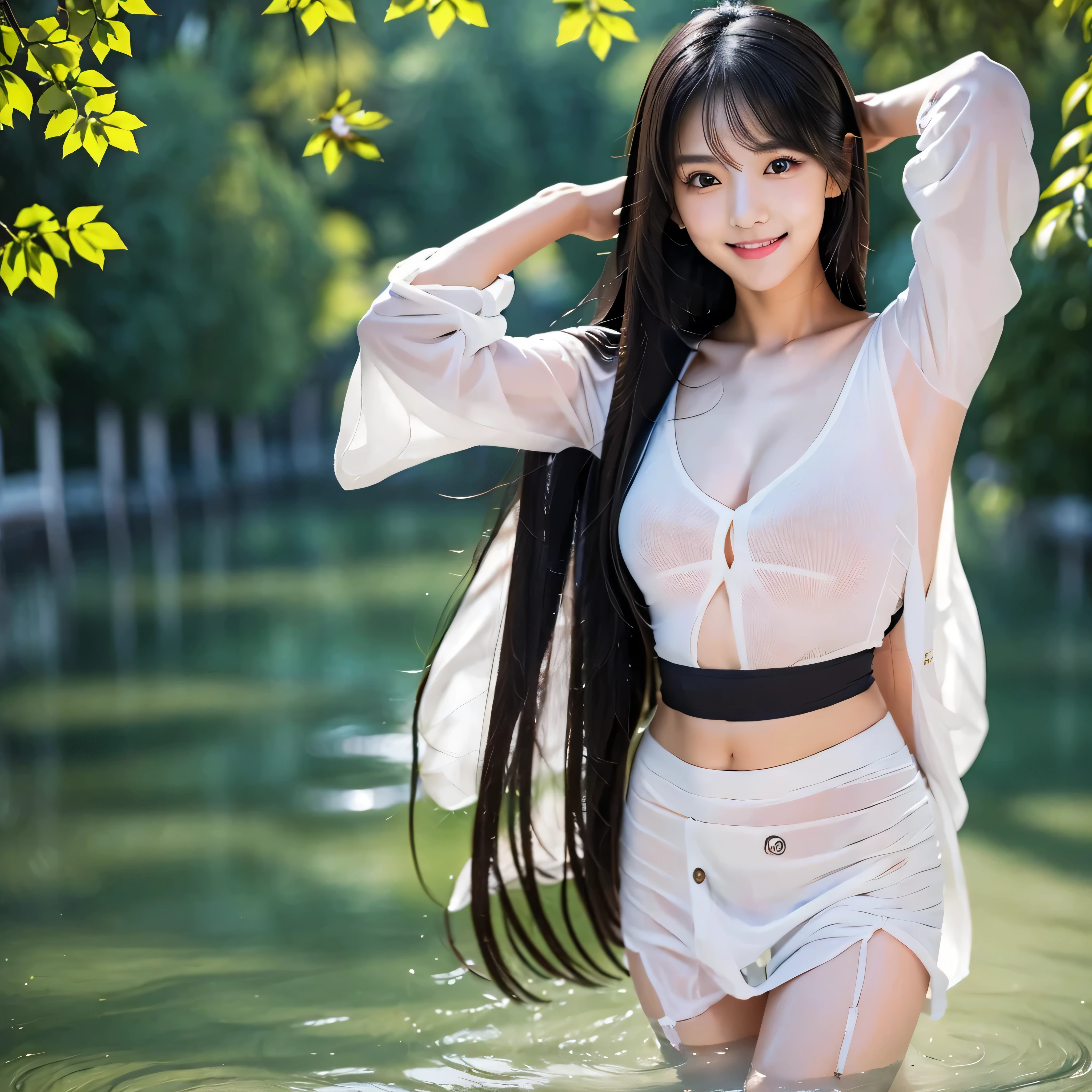 Create an ultra-realistic image of a 21-year-old Japanese woman named Kotone, fully visible within the frame. She has extremely long, perfectly straight black hair that flows down to her waist, with blunt bangs covering her forehead. Her eyes are large, enchanting, with double eyelids and sparkling black pupils. Her face is delicate and innocent, with thin eyebrows and a small mouth with sexy lips. Her skin is smooth and flawless, resembling snow in its pure white color. She has a slender, well-proportioned body with a bust size of 95 cm, a height of 158 cm, a weight of 43 kg, and an ideal waist size of 58.46 cm. She embodies youthful charm with a cute and innocent smile.
