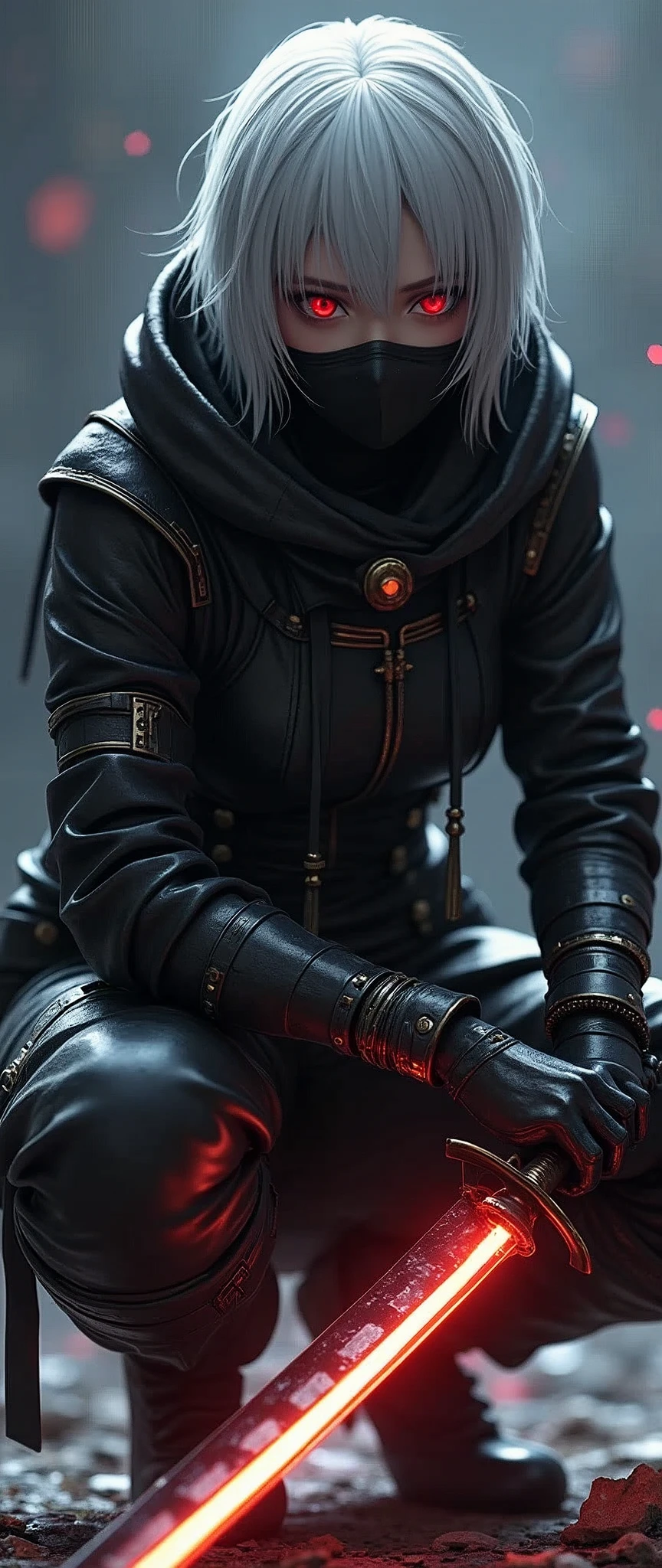 (masterpiece:1.2, Highest quality,High resolution,Super detailed),8k,wallpaper,(Very detailed),(Armored Core Style),1 female,Silver Hair,Short Hair,(Assassination Squad Ninja),(Black Ninja Robot Armor),(black-hooded-cloak,mask),(The background is dark:2.0),(Detailed face:1.3),(Detailed body:1.3),((Cowboy Shot)),cyber punk,(dynamic),(Detailed hands:1.6),(A mysteriously glowing dagger:2.0),(Detailed hands),(Preparing for battle,squat:1.3,forward leaning posture:1.6),(Flashy special move effects:2.0)