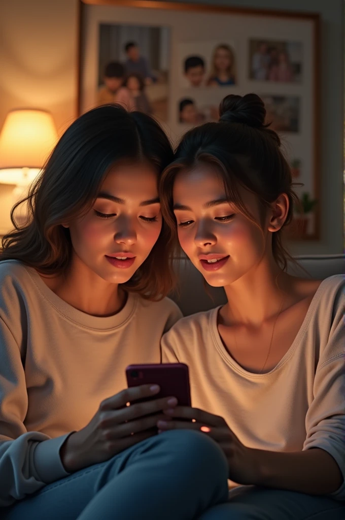 The two ladies are looking at smart phone and talking about the family members especially one young boy and a girl.
