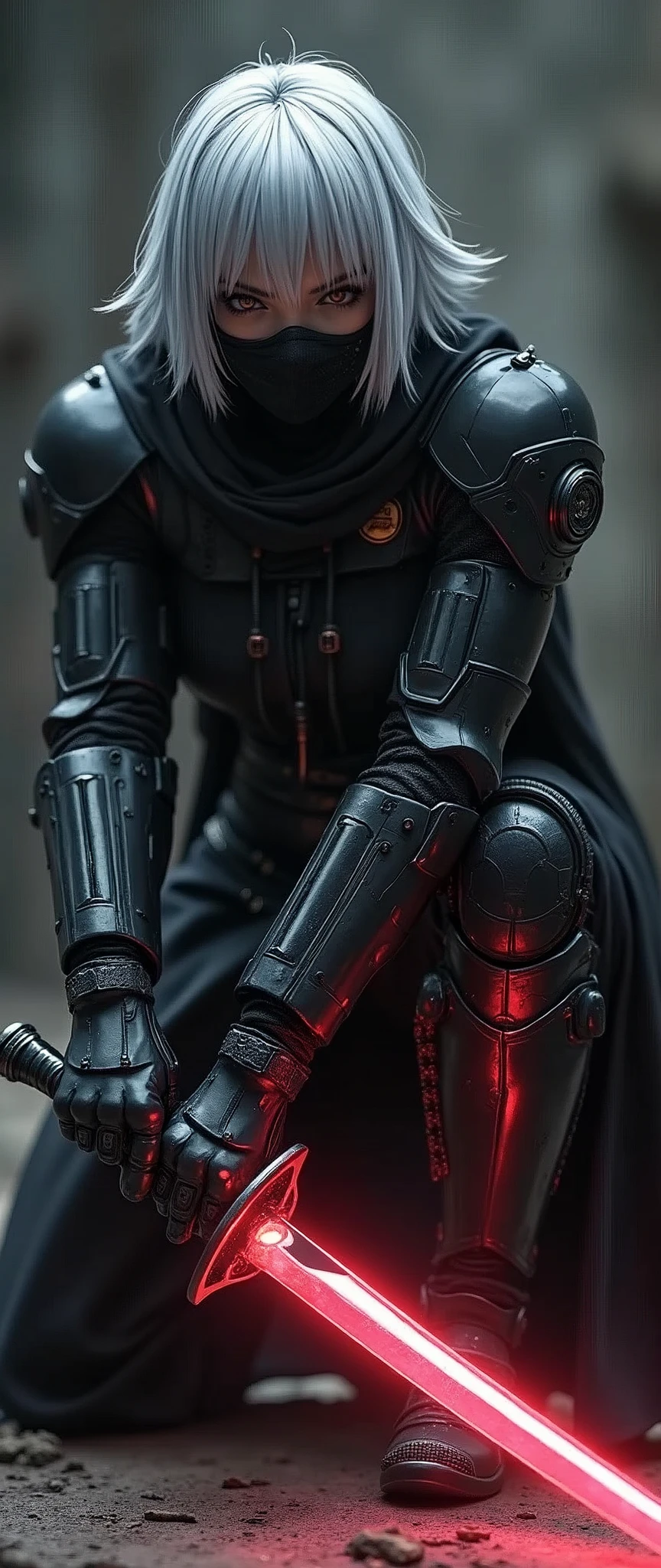 (masterpiece:1.2, Highest quality,High resolution,Super detailed),8k,wallpaper,(Very detailed),(Armored Core Style),1 female,Silver Hair,(Assassination Squad Ninja),(Black Ninja Robot Armor),(black-hooded-cloak,mask),(The background is dark:2.0),(Detailed face:1.3),(Detailed body:1.3),((Cowboy Shot)),cyber punk,(dynamic),(Detailed hands:1.6),(A mysteriously glowing dagger:2.0),(Detailed hands),(Preparing for battle,squat:1.3,forward leaning posture:1.6),(Flashy special move effects:2.0)