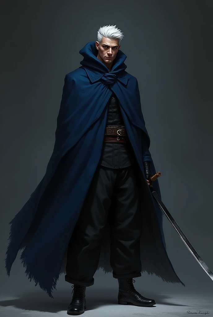 male short white hair brown eyes thin dark navy blue cloak black pants black boots light skin katana

