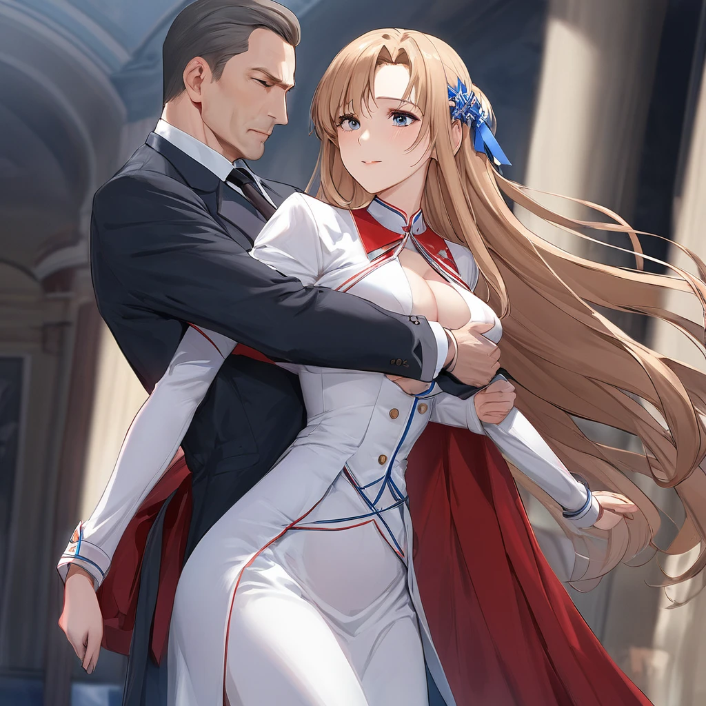 ((Highest quality)), ((masterpiece)), (detailed), (Perfect Face)、The woman is Yuuki Asuna, a Russian with light brown, semi-long hair.、The woman is a member of the United Russia and is beautifully dressed in a suit and lavish accessories.、She is a United Russia member who is dedicated to the cause of a great United Russia, and she deeply respects and worships the leader of the Great Russian Partynited Russia supremacist.、As the secretary and mistress ot United Russia official, the woman wholeheartedly devotes herself to serving, embracing, supporting, and following the great and beloved official, devoting herself to both body and soul.、The man is holding the woman as his lover