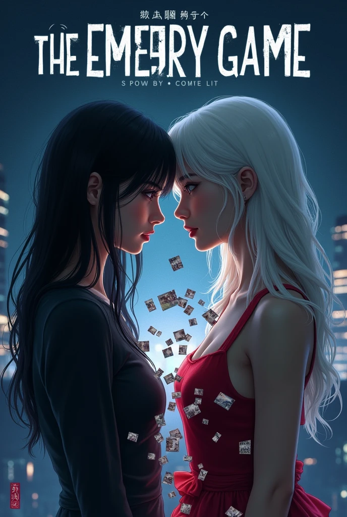Sapphic fanfic cape creator:

Description of the cover:
Scenario: The cover would have a night city as its background, with partially illuminated skyscrapers, suggesting an urban and mysterious atmosphere. A soft haze would cover the bottom of the image, adding a touch of suspense.

Personagens:

Eun-ji would be in the spotlight, on the left side of the cover. Your face would be partially illuminated, with a confused and determined expression. Her long black hair would be loose, fluttering gently in the wind.

Ji-won would be on the right side, facing Eun-ji, with an enigmatic and slightly threatening look. Your white hair, wavy and long, would contrast sharply with Eun-ji&#39;s. She would wear an elegant dress, highlighting his calculating personality.

Additional Detail:

Memory Element: At the center, between the two characters, there would be fragments of memories floating around, like photos or pieces of broken glass, representing Eun-ji&#39;s fragmented memory. These fragments would reflect action scenes, danger and romance.

Title: The title "The Memory Game" would be at the top of the cover, in large, stylized letters, with a slightly blurred or cracked effect, symbolizing the fragility and uncertainty of Eun-ji&#39;s memory.

Paleta de cores: The color palette would be dominated by shades of black, gris, and dark blue, with touches of red, suggesting danger and passion.
