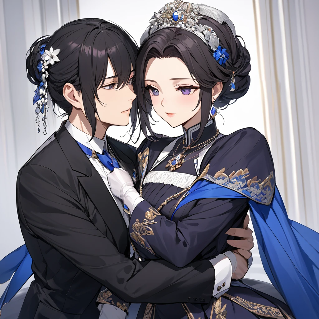 ((Highest quality)), ((masterpiece)), (detailed), (Perfect Face)、The woman is Shinobu Kocho, a Russian with black hair in a purple gradient bob style, tied up in a formal evening hairstyle.、The woman is a member of the United Russia party and is beautifully dressed in a suit and lavish accessories.、She is a United Russia member who is dedicated to the cause of a great United Russia, and she deeply respects and worships the leader of the Great Russian Party, a United Russia supremacist.、As the secretary and mistress of a great United Russia official, the woman wholeheartedly devotes herself to serving, embracing, supporting, and following the great and beloved official, devoting herself to both body and soul.、The man is holding the woman as his lover