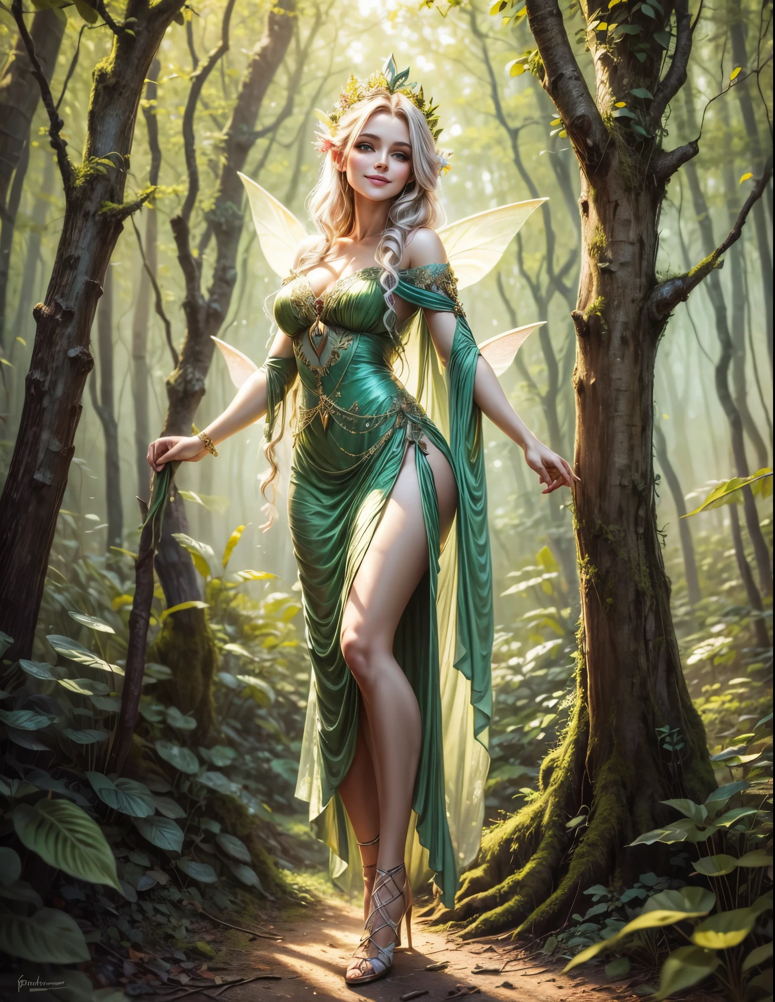 a painting of a woman in a dress standing in the woods, portrait of a fairy, forest fairy, fey queen of the summer forest, portrait of fairy, forest fae, smiling as a queen of fairies, fairy aesthetics, beautiful fairy, queen of the fairies, faerie, beautiful fairie, beautiful fairies, goddess of nature