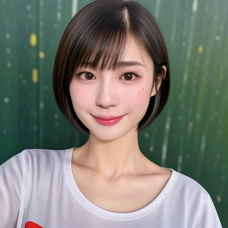 (kawaii 24 year-old Japanese girl, Nogizaka idol, Korean idol), healthy female athlete body, (glossy black hair, short hair, pixie cut, bangs:1.3), (rounded face, pure black eyes, single eyelid, no makeup, splashing smile:1.2), (wears crew neck t-shirt:1.3), extra small breasts, BREAK, (park turf background:1.3), (dynamic angle, bust shot:1.2),  BREAK, (masterpiece, best quality, photo realistic, official art:1.4), (UHD, 8K quality wallpaper, high resolution, raw photo, golden ratio:1.3), (shiny skin), professional lighting, physically based rendering, award winning, (highly detailed skin, extremely detailed face and eyes, anatomically correct body), Carl Zeiss 85 mm F/1.4, depth of field, 1girl, solo,