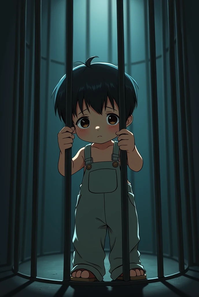 Cinematic Anime style. Manga art. TME0224 face, (((a , 4 year old funny night (((wearing only a big diaper with hands in mitts))), (((inside a tiny closed cage behind bars))). cinematic lighting, drop shadow, masterpiece, UHD, anatomically correct, textured skin, super detail, high details, high quality, best quality, 4K, full body, standing