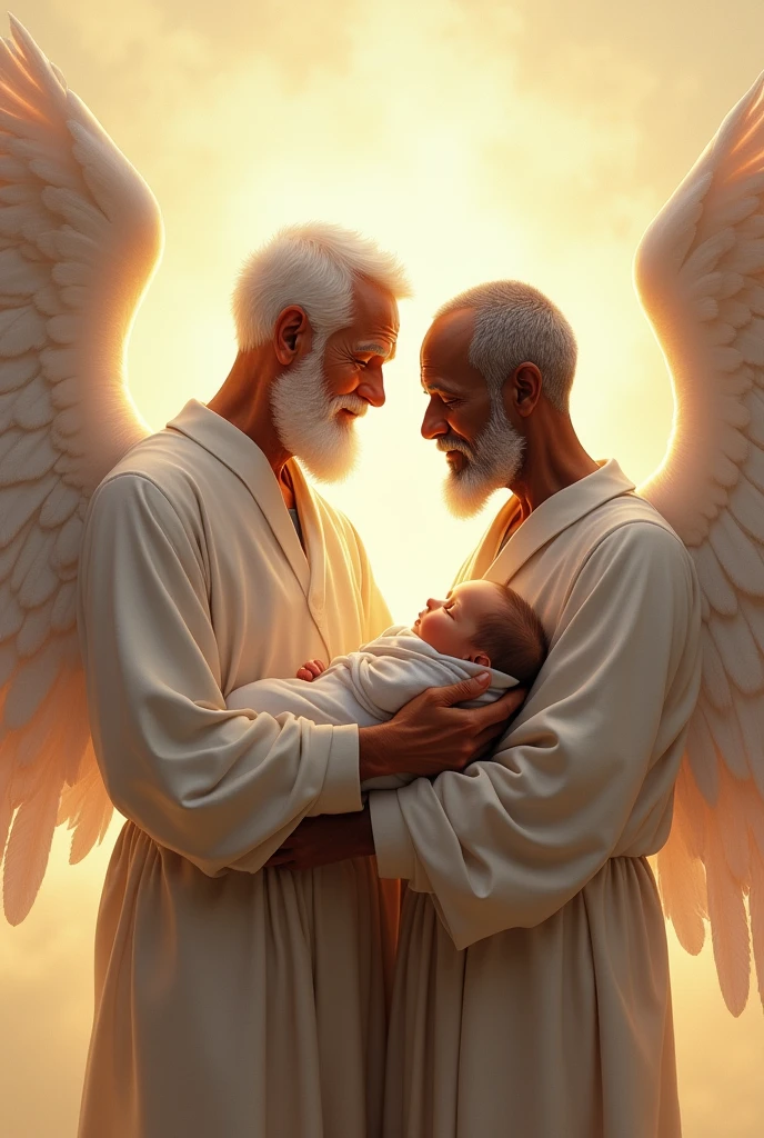 Two 60-year-old men standing side by side with angel wings, a white man with short white hair, another black man with very short hair. Both hold a  in front