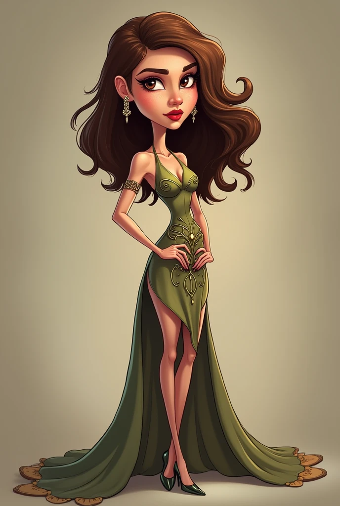  Cartoon of a tall woman with shoulder-length wavy brown hair and brown eyes and long nails wearing a dress and comverse 
