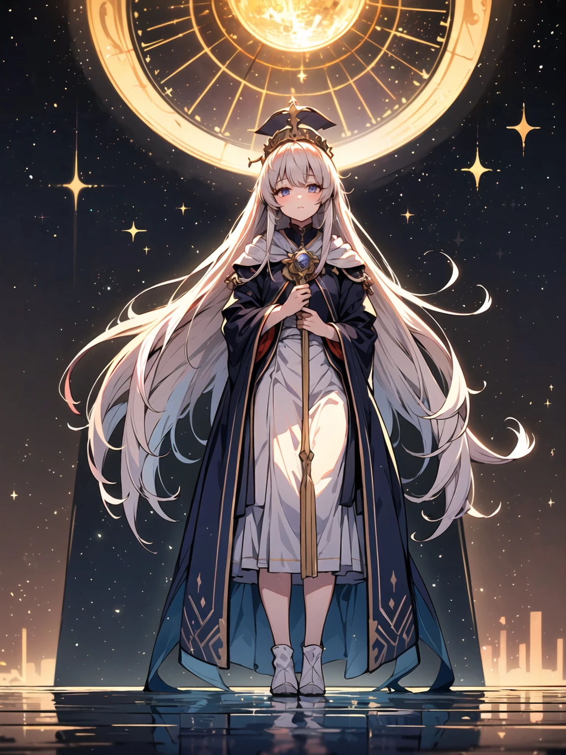 (((masterpiece, best quality, high detailed, 16k))) (1girl) A dazzling celestial priestess with flowing white hair that shimmers like stardust, and eyes that glow with the light of distant galaxies. She wears robes of deep purple and gold, decorated with star motifs and celestial symbols. She holds a staff crowned with a radiant star, and her presence is both ethereal and divine. ((full body view))