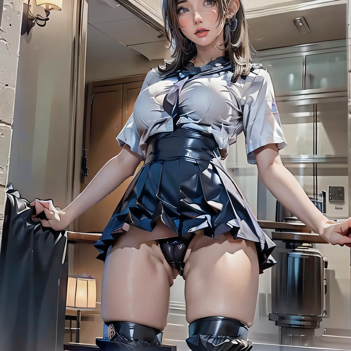 Dark blue high socks,Real、8k,masterpiece,Perfect human body,8 heads,(RAW Photos:1.2)、(Realistic:1.4)、The beauty of beautiful details　Laughter、BIG ASS、bionde、((I can see your pants))(Panty shot)Earrings　eyelash　Beautiful and detailed、Large file size、Very detailed、High resolution、Transcendental beauty　Highest quality、masterpiece、、((See-through,Frills,lingerie))、Very detailed performance, In detail、Highly detailed facial cinematic lighting、、positive、((Dynamic pose)))、(Lean back:1.2), (Open Stance))、(From below:1.5), (Under the skirt:1.5), Check Pleated Skirt、Sexy upward glance, (Spread your legs and show me your panties:1.5), (Black See-through Panties:1.5), (Low rise:1.5), (Long white hair:1.5), (Healthy Body:1.5), (High leg tiny panties,,,,,,:1.5), (Looks like see-through panties :1.3), (Pubic hair is visible:1.5), (Browsing Caution:1.5), (Shyness:1.5), (Black long boots:1.5)((Big Breasts:1.7))((orgasm:2.2))Thick vagina,wet vagina