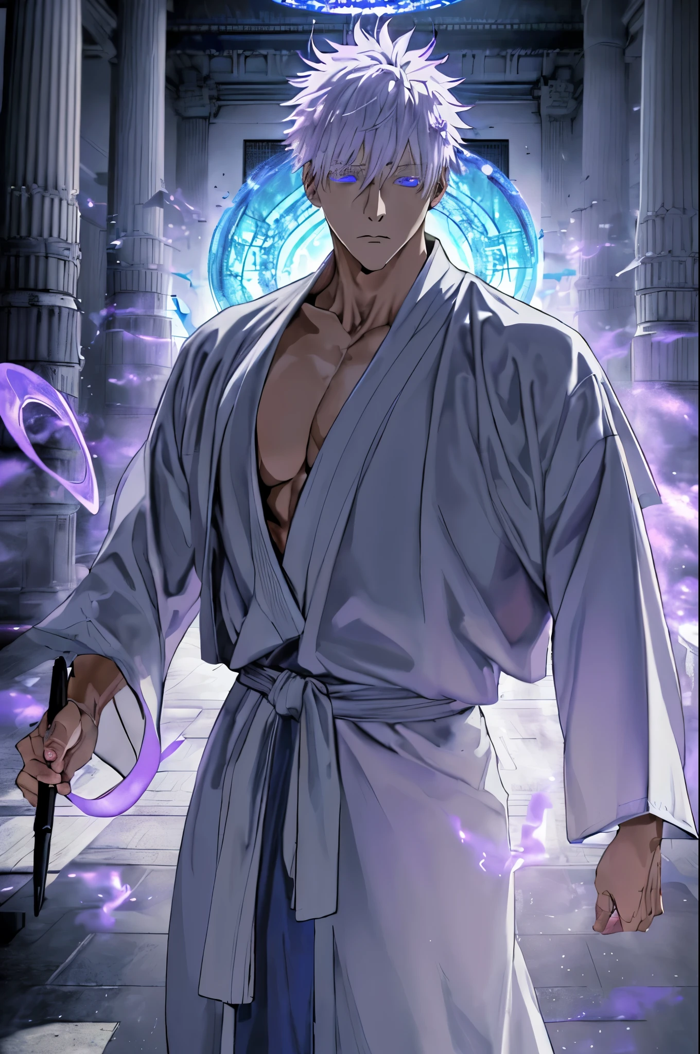 (masterpiece, illustration, anime:1.3), 1 person, Satoru Gojo from Jujutsu Kaisen, (mafia stylish clothing:1.2), Satoru Gojo(face), large white leather jacket(military jewelry), standing inside a temple at night, (messy white hair:1.1), (blue eyes emitting blue light:1.2), (calm expression:1.1), (uncovered eyes:1.1), (powerful presence:1.2), (mystical atmosphere:1.2), (subtle moonlight:1.1), (intricate temple architecture:1.2), (ominous shadows:1.1), (flowing robes:1.1), (detailed folds and creases:1.1), (intense purple aura:1.2), (symbols of power surrounding him:1.1), (magical energy radiating:1.2), (spellcasting gestures:1.1), (mysterious artifacts:1.1), (ethereal particles:1.1), (dynamic pose:1.2), (epic soundtrack:1.2), (sense of awe:1.1), (magical prowess:1.1), over power, power up, sphere, extreme, focused.