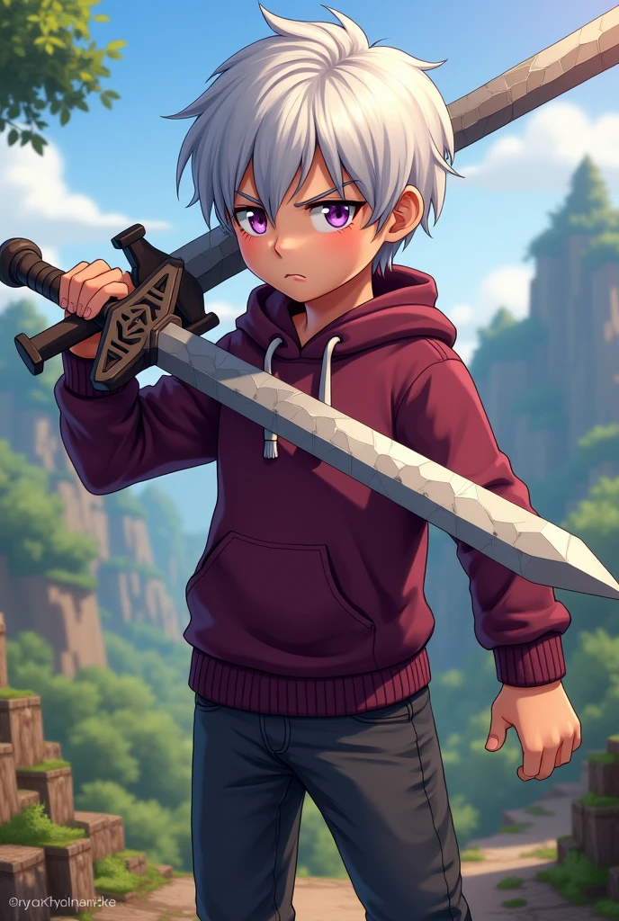 Make a Minecraft doll drawn, with white hair, wine colored sweatshirt and purple eyes. Do it with a sword. His hair is short and the background is a landscape, make him look a little angry he is fighting 