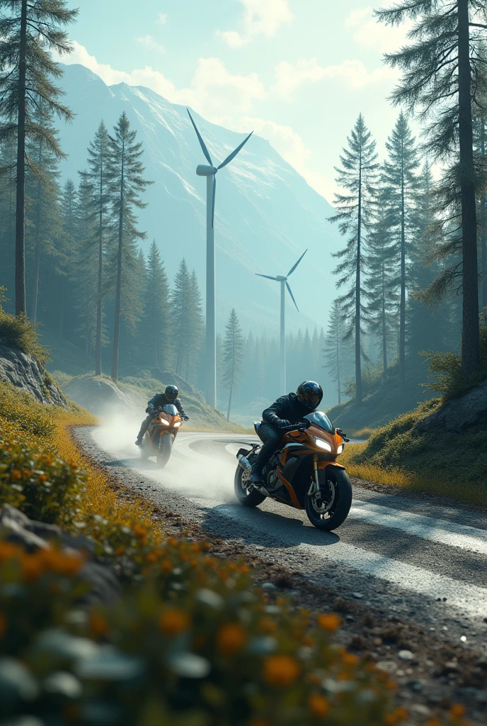 Futuristic motorcycle racing on a forest track with mountains and windmills