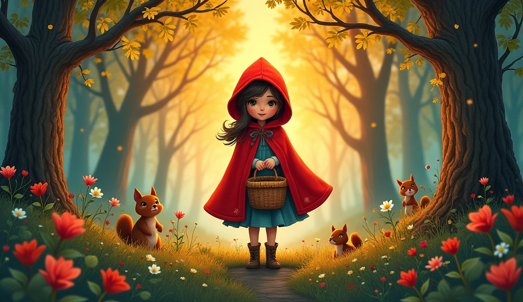 In the center of the image is the、Little Red Riding Hood is standing。She wears a bright red hooded cloak、She holds a small basket tightly in her hands。Her face is bright、It is drawn to give a sense of curiosity and adventure.。 The background features a vast forest.、wood々and colorful flowers grow abundantly.。The scene is at dusk.、A soft orange light envelopes the forest.、It creates a fantastic and warm atmosphere.。 Around Little Red Riding Hood、There are small birds and squirrels.、Forest creatures are depicted vividly.。woodの葉や花のディテールにも細やかなこだわりが見られ、The overall design is colorful and warm, reminiscent of a picture book.。