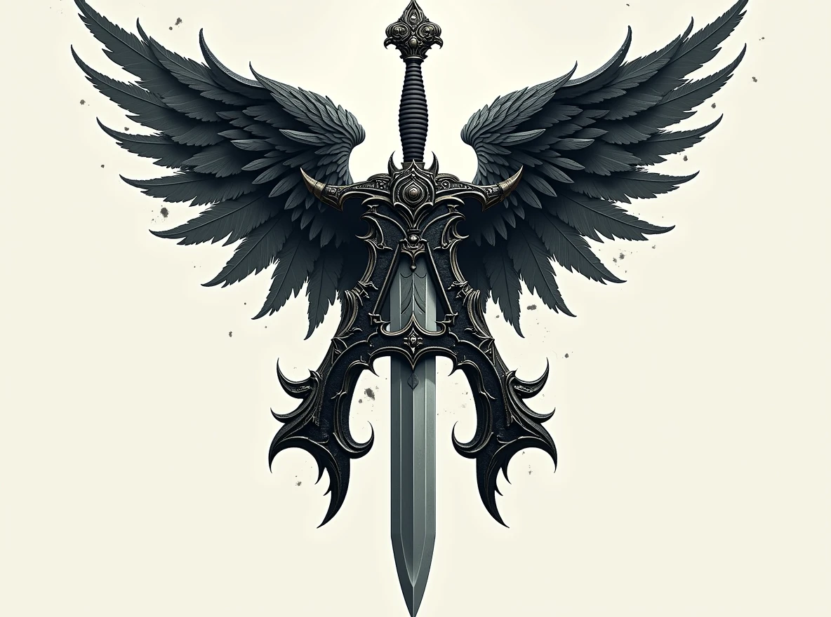 Replace the sword with a dagger while preserving the 'A' shape above it. The dagger should fit naturally into the design, with an ornate handle and a sharp, detailed blade. Ensure that the 'A' and wings remain intact and in the same position, keeping the overall dark fantasy aesthetic.