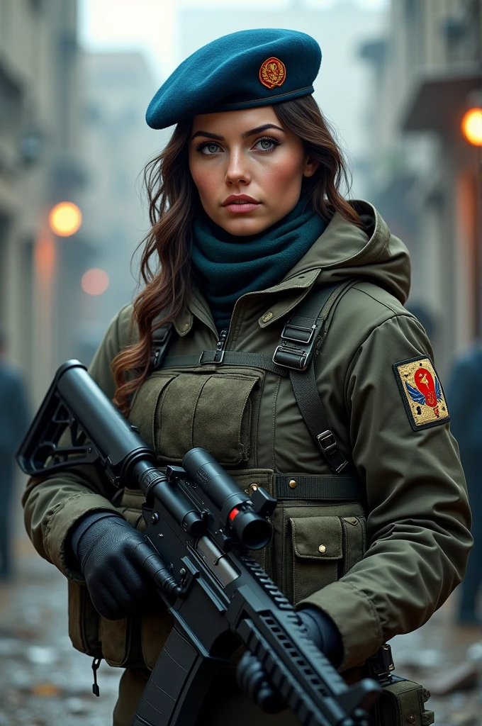 Could you generate an image of what a Russian female spetsnaz would look like with a blue beret?