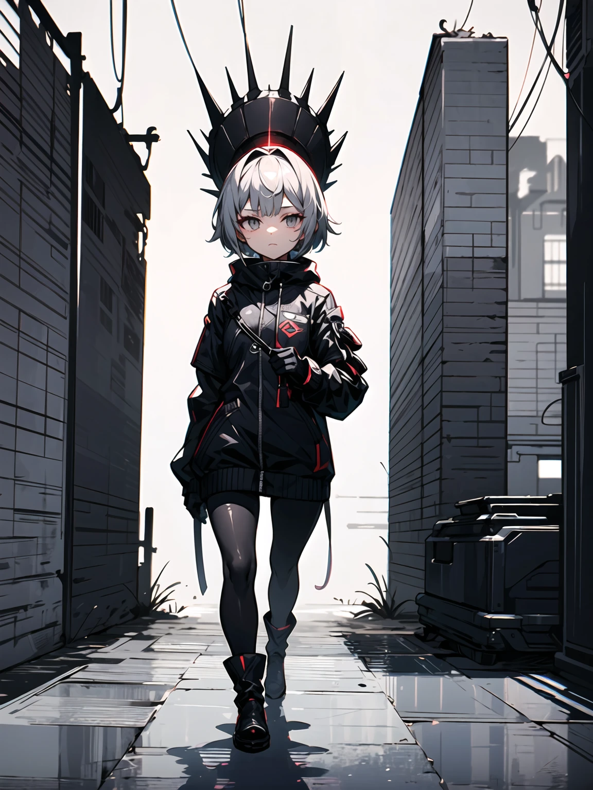 (((masterpiece, best quality, high detailed, 16k))) (1girl) A cunning assassin with short, spiky silver hair and cold, calculating grey eyes. She wears a tight, black leather outfit with red accents that allow her to blend into the shadows. Her weapons of choice are a pair of curved daggers, one in each hand, and her movements are quick and precise. ((full body view))