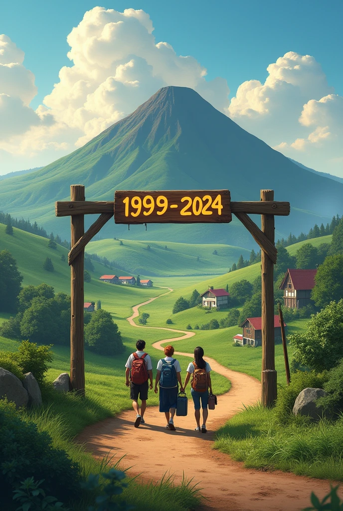 A farm on the slopes of a volvan with a path illuminated with an empty wooden sign along which a group of adults are walking with a backpack on their left shoulder and suitcases in hand, crossing an arch with the numbers 1999 - 2024