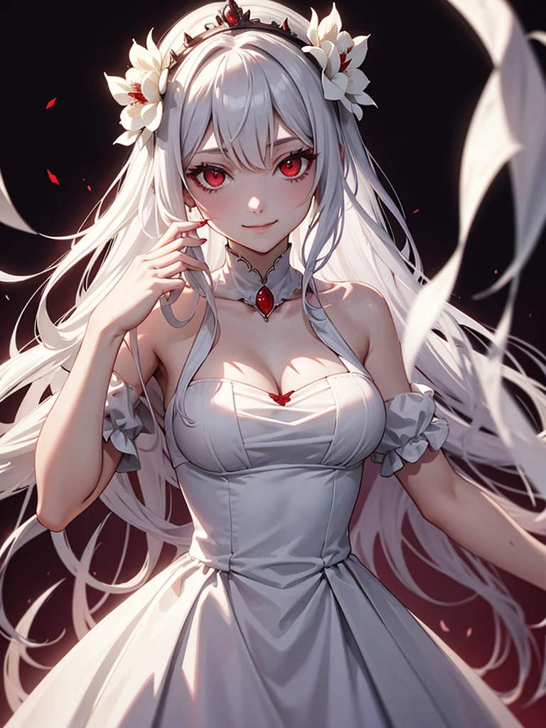 woman, red eyes, white long wavy hair, noble, like prince, sadistic smile, queen. her front hair is tied up. her. where dress like princess or queen. she sadistic and cruel women. like a strong women. wearing flowers on her head. her white dress is stained with blood