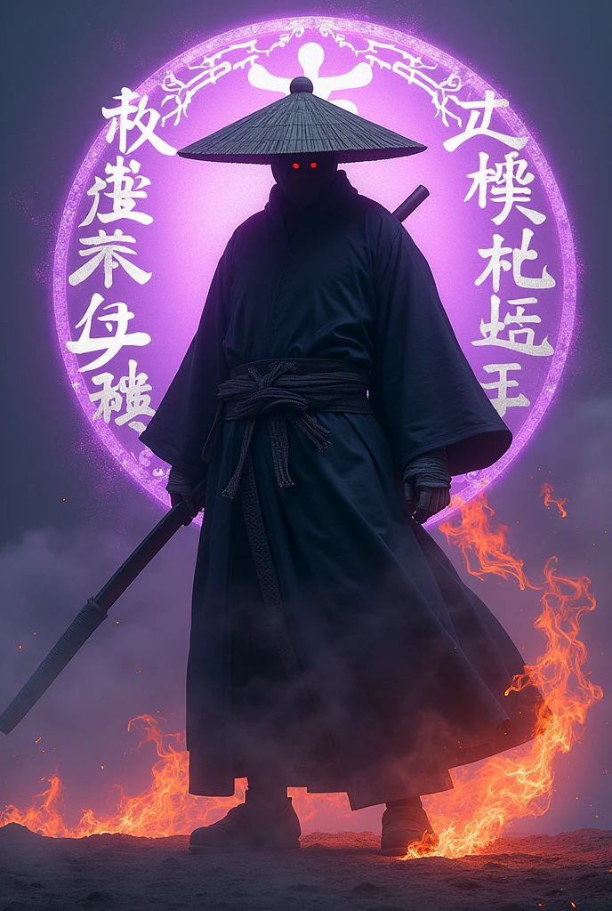 Straw hat samurai wearing black cloths with ghost face and with flame elementel powers and a sword and a voilet circling across him and written something cool in Chinese on the circle in white colour and samurai body crossing the circle