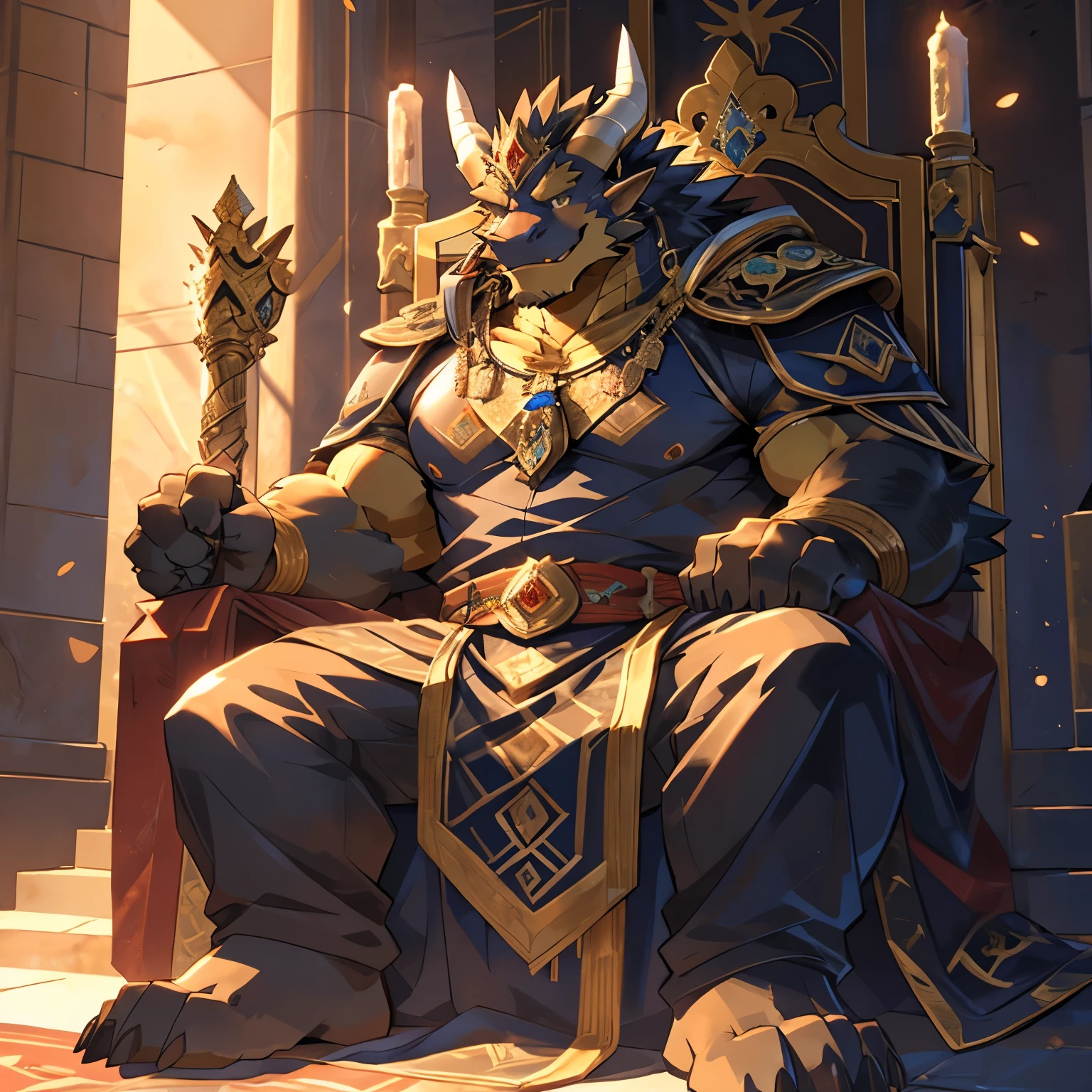 （CG 8k）Dragon Orc，Black scales，Very strong，King costume，emperor，A contemptuous smile，Facing the camera，Domineering，Sit on the throne，gorgeous，palace，author：Takemoto Arashi ，by zixiong