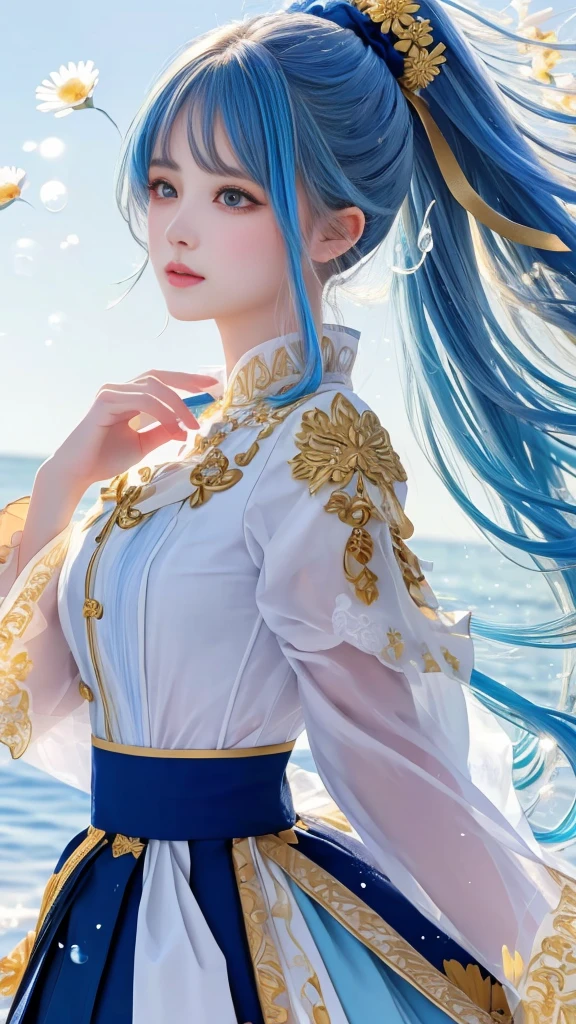 (masterpiece), (best quality), (Extremely detailed),(Messy hair),(illustration), (1 Girl), (Fashion), permanent, fashion model, Looking at the audience, (interview), ( background),Beautiful and delicate eyes, Delicate and beautiful face, floating,(High Saturation),(Colorful splash),Colorful bubbles,(shining), Focus on the face, Ponytail, Kamisato Ayaka, Light blue hair, Bangs, Hair ring, Floating flowers, Floating hair, (shining), Optimal lighting, Best shadow, Wet clothes, Sweating, Medium breasts,Pleated Skirt