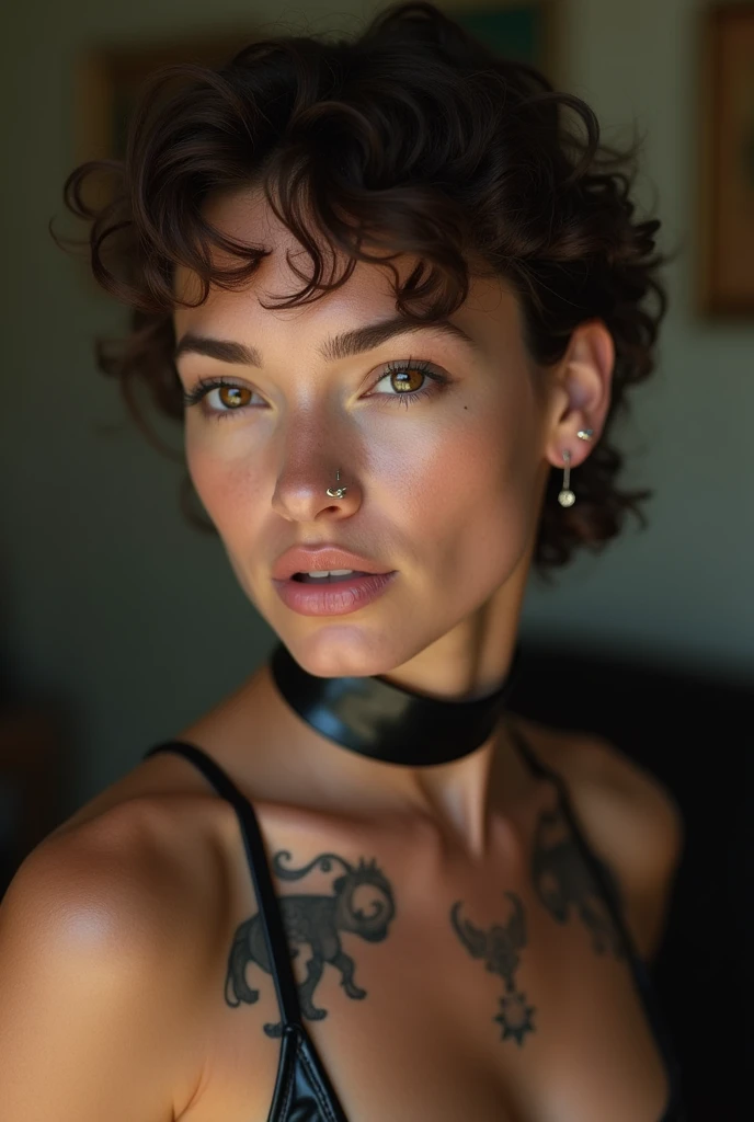 swedish woman, young, naked, short curly mullet, septum piercing, face tatoos, dimples, thick belt around neck, naughty expression, shiny latex bodysuit, close-up, UHD, retina, masterpiece, accurate, anatomically correct, textured skin, super detail, high details, high quality, award winning, best quality, highres
