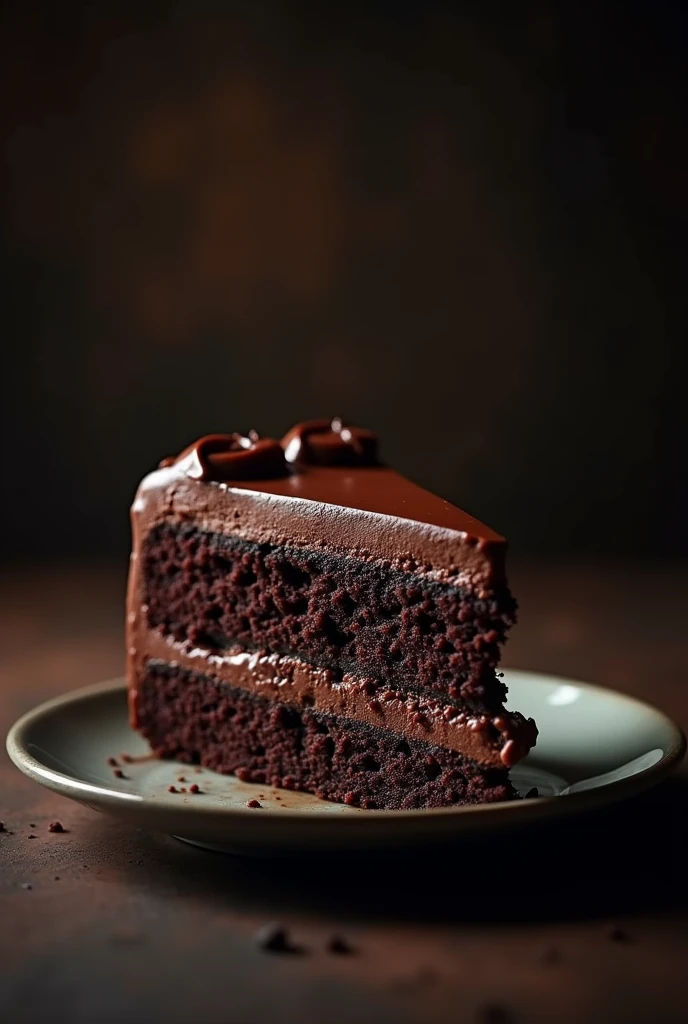 cinematic film still chocolate, chocolate cake, dark background, quality photo, moist texture, frosting, studio photo, slice . shallow depth of field, vignette, highly detailed, high budget, bokeh, cinemascope, moody, epic, gorgeous, film grain, grainy