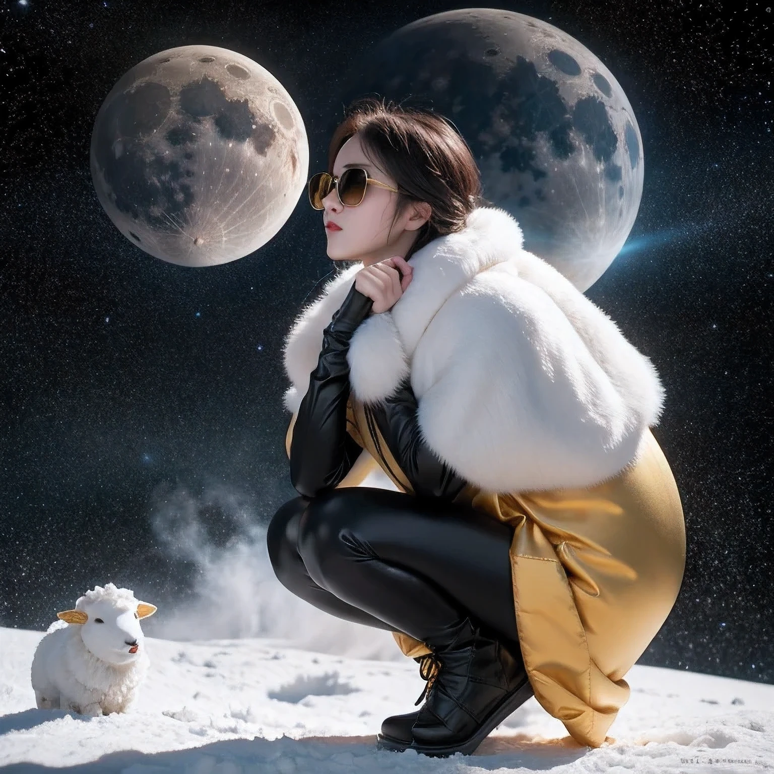 Lunar snow area Big Horned Ghost Golden Sheep Wearing Future Black Gold Silk Space Suit Space Squatting 1：900 miniatures，Realistic Painting，
Wear reflective black sunglasses，Full body portrait，Side View，Tulle Chest Protector，Burgundy Leggings，Squatting with clenched fists，very happy，Movie Light，Lunar snow area，8k