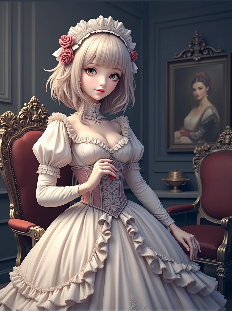 a victorian era girl, beautiful detailed eyes, beautiful detailed lips, extremely detailed face, long eyelashes, detailed intricate dress, ornate victorian interior, dimly lit room, warm lighting, ornate furniture, oil painting, highly detailed, photorealistic, 8k, masterpiece