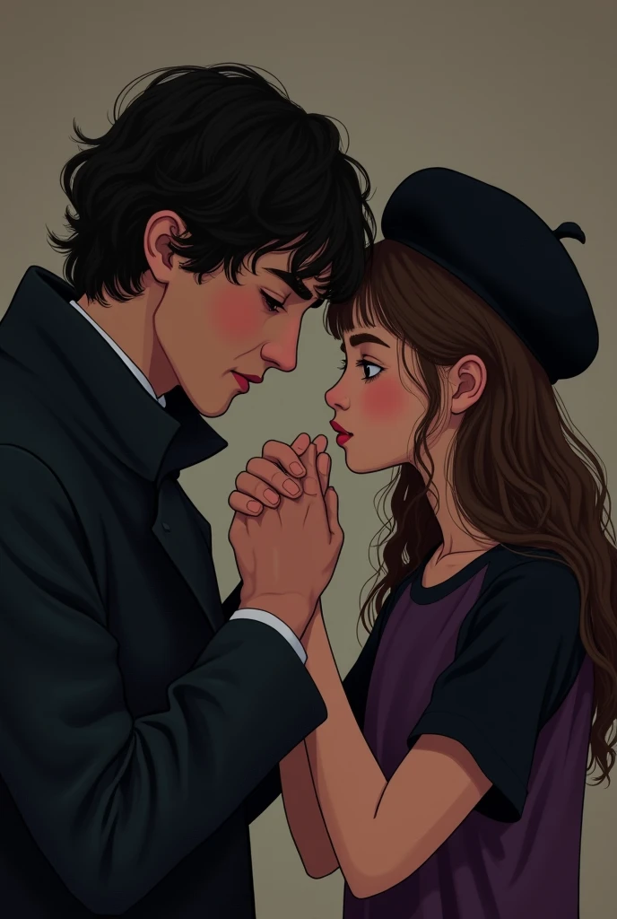 Scherlock Holmes from the BBC Scherlock series kissing the hand of a Brazilian girl with long brown wavy hair, brown eyes, a black beret and a black and purple t-shirt