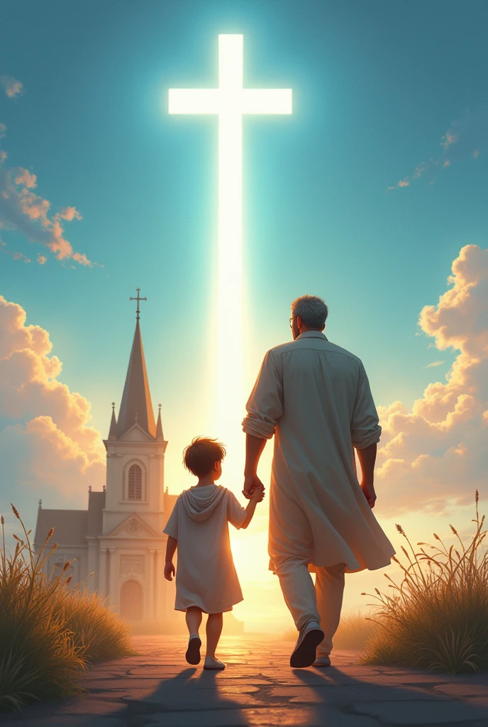Father&#39;s Day image facing the church, scene where a father and his son are holding hands, walking towards a church. in the blue sky, a bright cross or a cross-shaped beam of light could appear, highlighting the faith that unites the family and the importance of the father as a spiritual guide.