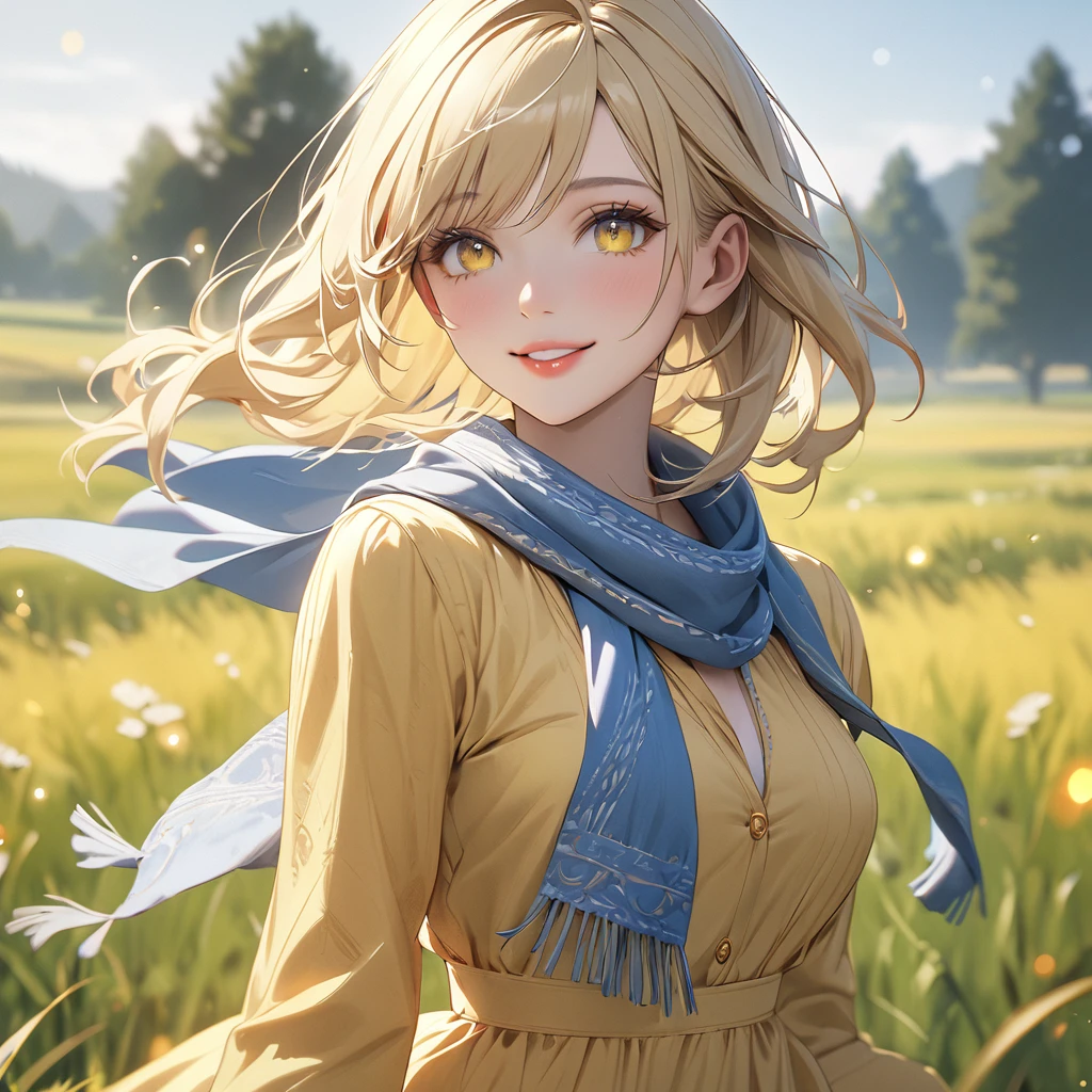 A woman wearing a yellow dress with blue details, long blonde hair, with blue bangs, multicolored hair, blue eyes and yellow eyes, multicolored eyes, perfect face, perfect eyes, perfect lips, smiles,blue and yellow scarf around the neck, walking in an open field with grass, daytime location .UHD, masterpiece, accurate, anatomically correct, textured skin, super detail, high quality, best quality, 8k, high resolution, bokeh effect.(solo woman),white gloves, close view.