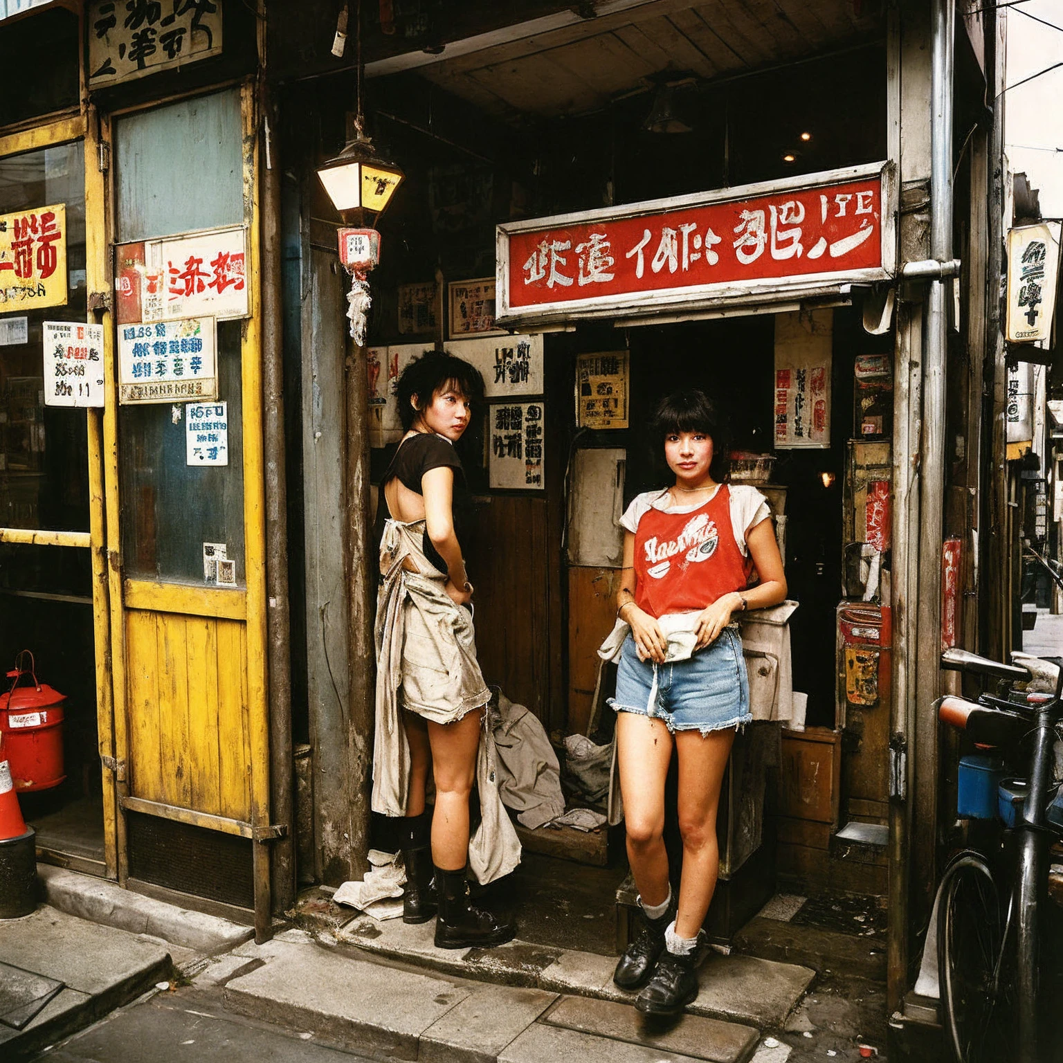 ((masterpiece、Highest quality))、Poor conditions、Japan 1980s, Dirty Standing Tavern、Old and dirty store, Unsanitary and dirty downtown Tokyo, Japan Streets, Cute girl working at the store、Poor workers, Unhygienic restaurant 